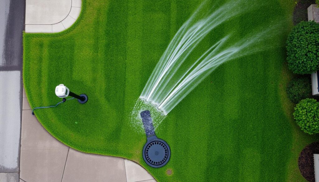 Nadmiernie podlewany trawnik z widocznym odpływem wody i pestycydów